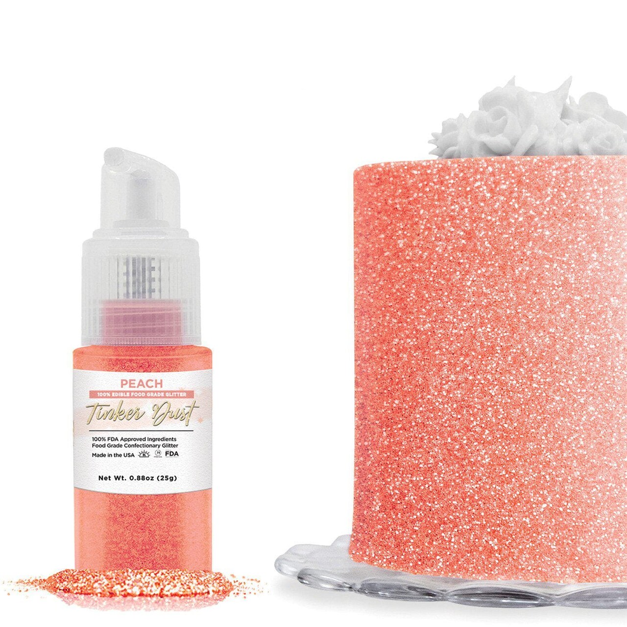 Bakell - Peach Tinker Dust Edible Glitter (25g, 1x Spray Pump) for Food, Desserts, and Beverages!